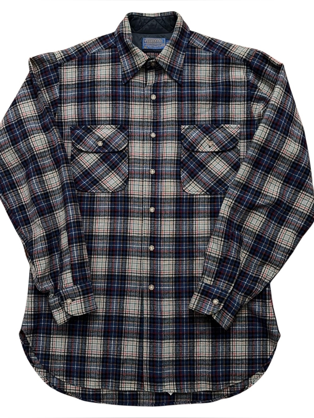 Pendleton Long Sleeve Shirt Mens M Long Virgin Wool Plaid Blue Made in USA VTG